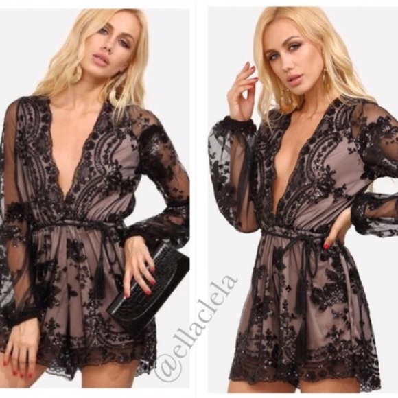 Elegant Black Sequin Sheer Romper Party Outfit - Picture 3 of 8