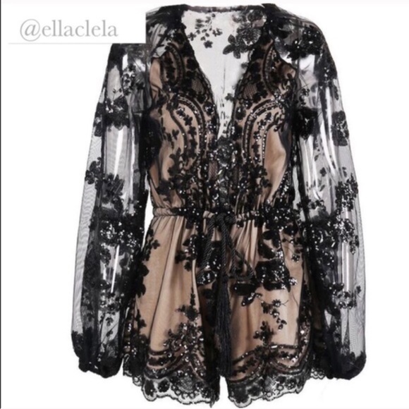 Elegant Black Sequin Sheer Romper Party Outfit - Picture 4 of 8