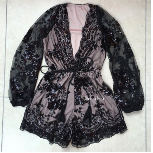 Elegant Black Sequin Sheer Romper Party Outfit - Picture 8 of 8
