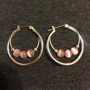 Small Silver Hoop Earrings with Peach Beads