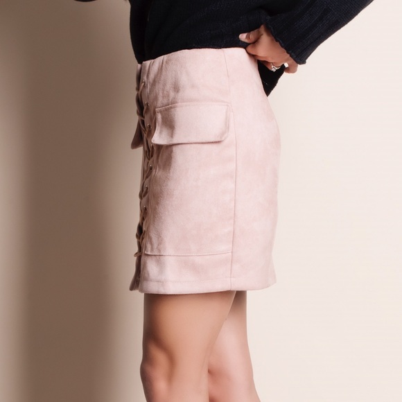 Pink Lace Up Suede Skirt - Picture 2 of 3