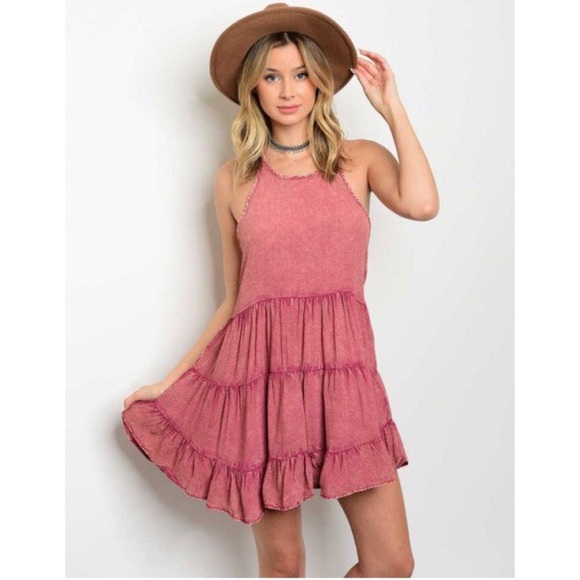 LAST❣️Dusty Rose Chambray Tiered Open Back Dress - Picture 2 of 3