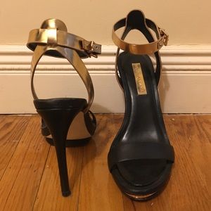 BCBG Size 7 black &gold leather ankle strap heels