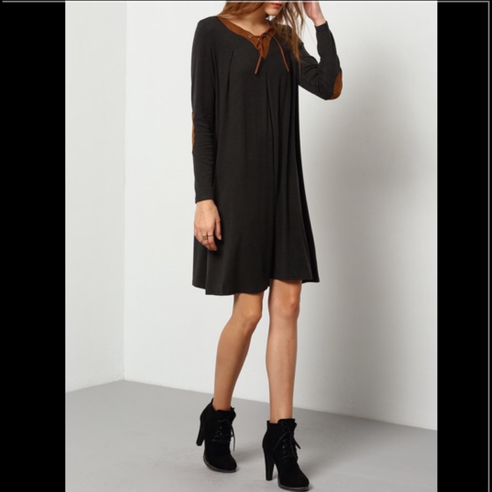 JUST IN! New Gray Lace-Up V-Neck Elbow Panel Dress
