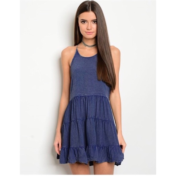 Dusty Blue Chambray Tiered Open Back Dress - Picture 2 of 3