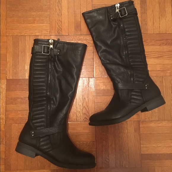 Shoes - Black Buckle-Strap Knee-High Riding Boots