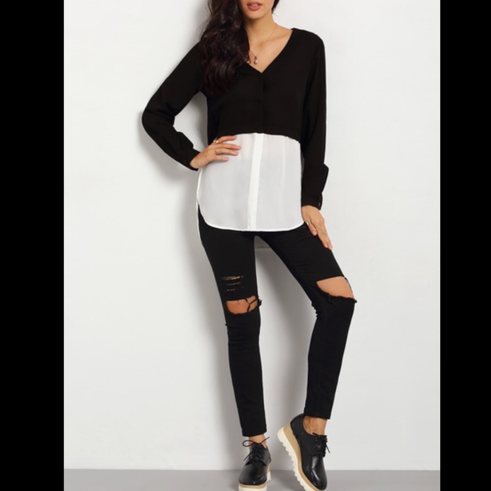 NEW! Black & White Long Sleeve Color Block Top