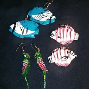 3 pairs wood animal earrings