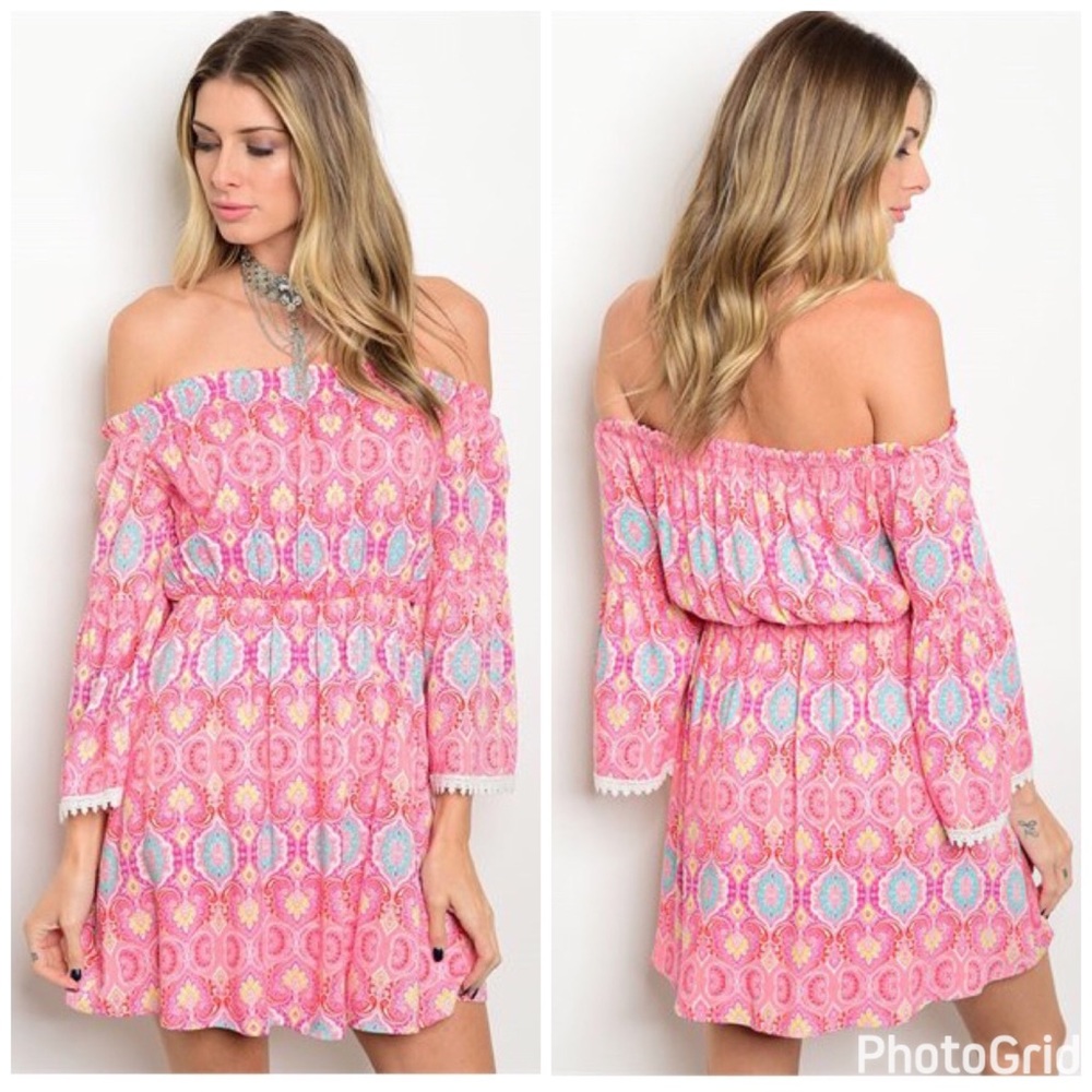 Off the Shoulder Boho Pink Paisley Dress