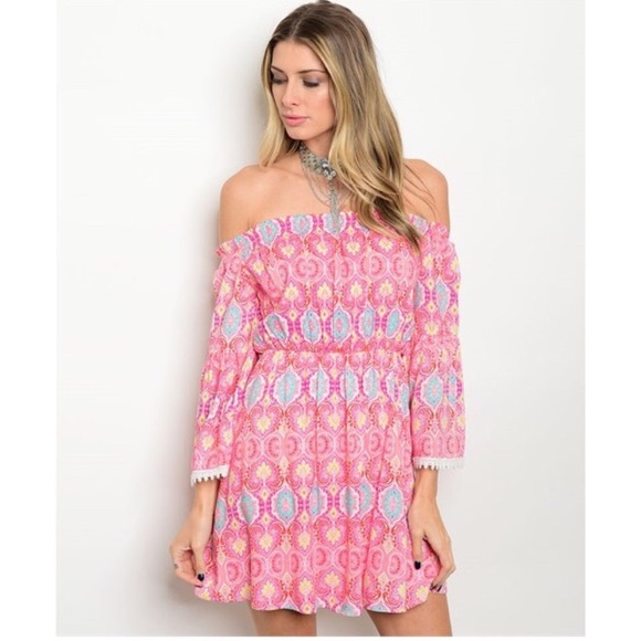 Off the Shoulder Boho Pink Paisley Dress - Picture 2 of 3