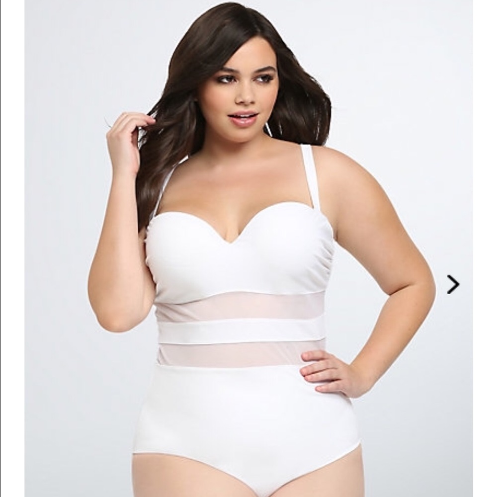 Sheer paneled white one piece bathing suit