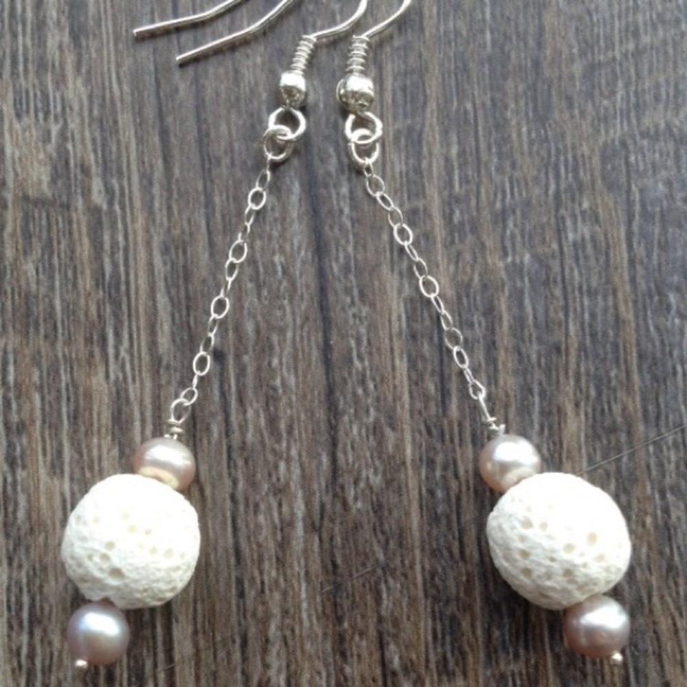 Long lava and freshwater pearl earrings.