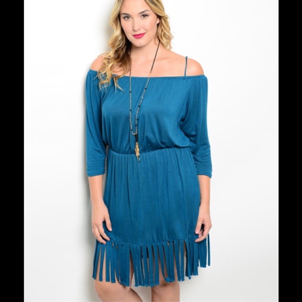 Plus Size 1X, 2X, 3X Off Shoulder Blue Fringe Midi