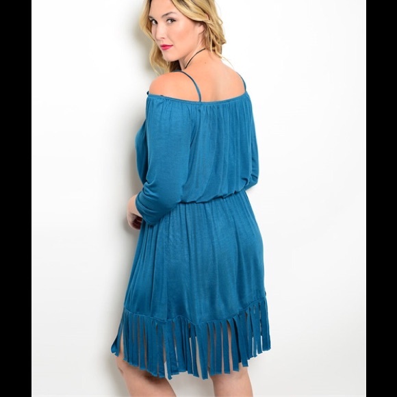 Plus Size 1X, 2X, 3X Off Shoulder Blue Fringe Midi - Picture 2 of 2