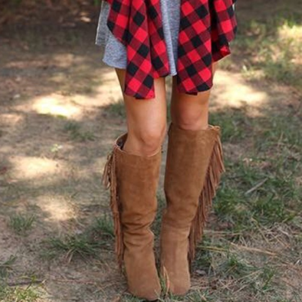 Chestnut Ralph Lauren fringe wedge boots