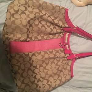 Pink and coach logo shoulder tote bag