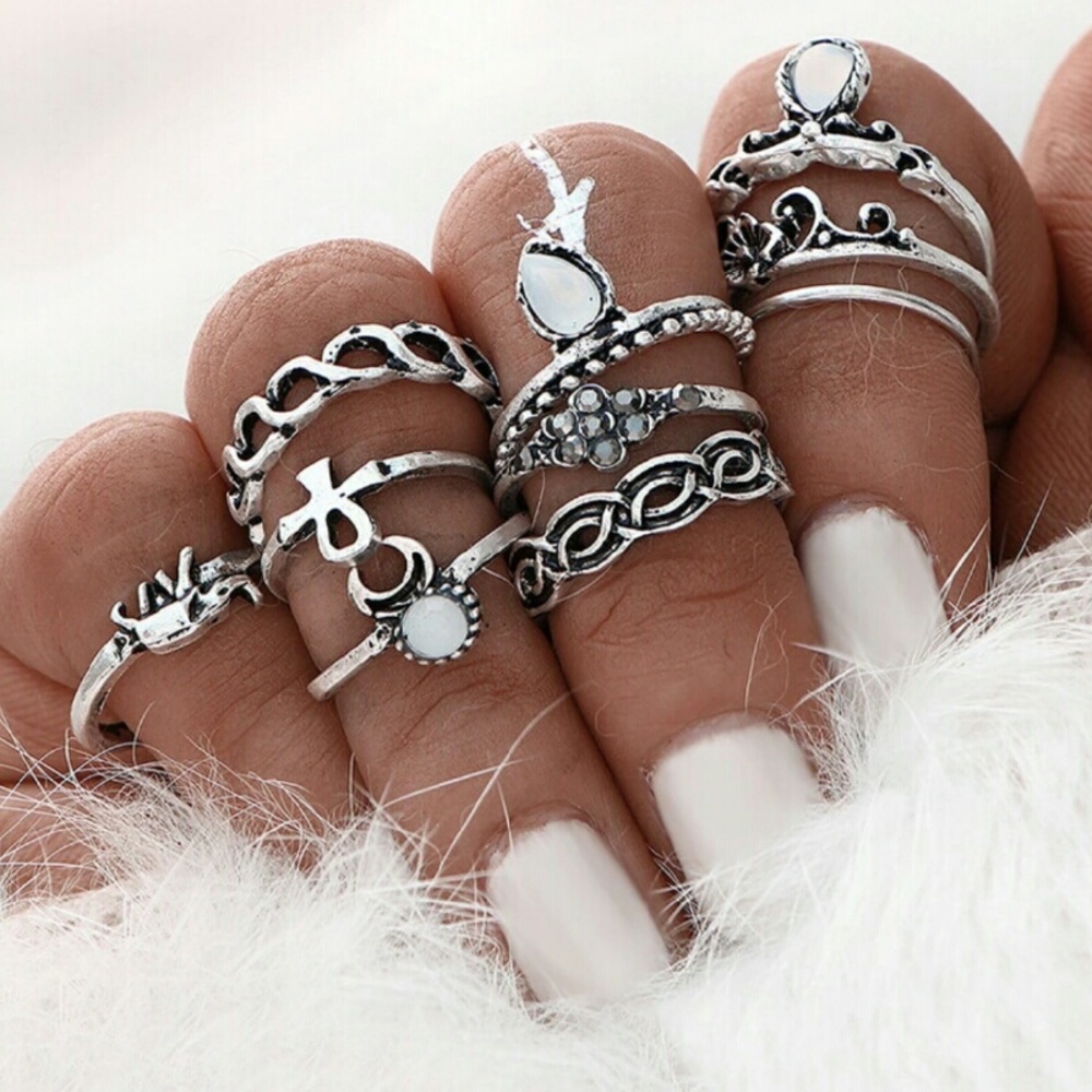 Boho silver ring set