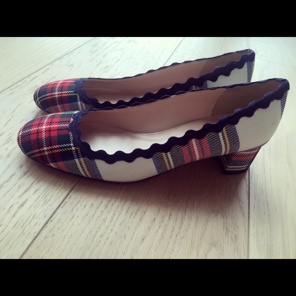 J.crew plaid scalloped heels 7.5 ivory red black