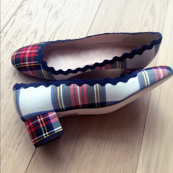 J.crew plaid scalloped heels 7.5 ivory red black - Picture 4 of 4