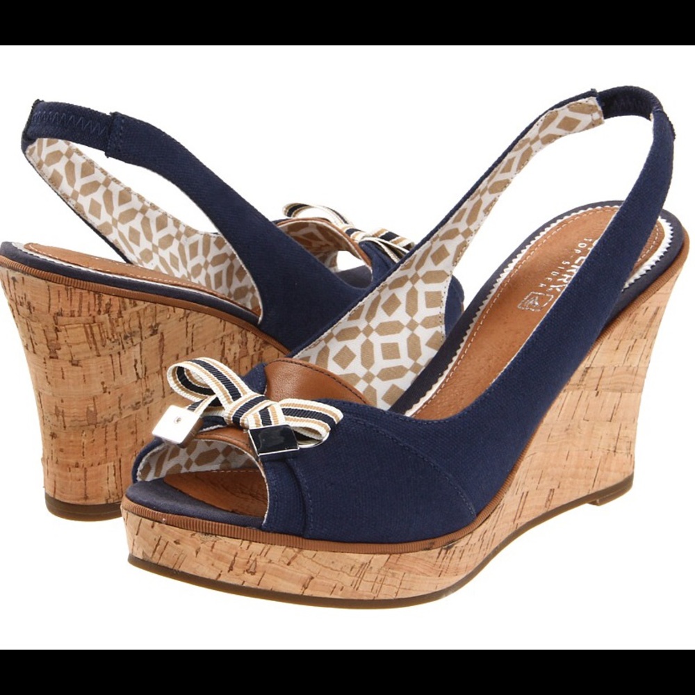 Cute Sperry Navy Cork Wedges with Front Bow