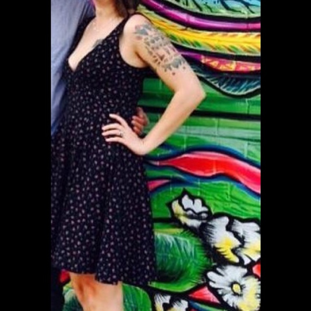 Betsey Johnson Black Floral Plunging Neck Dress