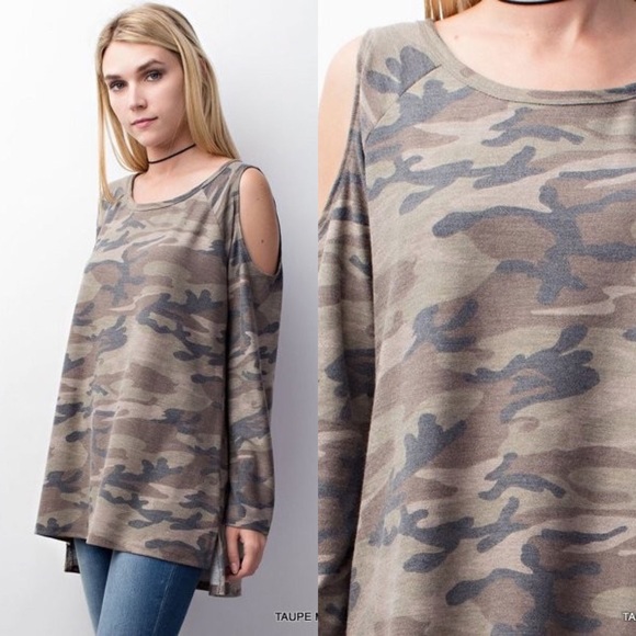 LAST TWO SMALL- Army Print Cold Shoulder Top - Picture 2 of 4