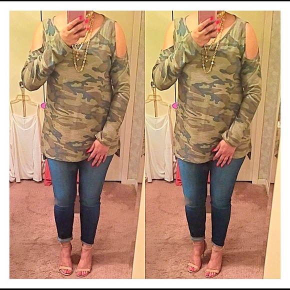LAST TWO SMALL- Army Print Cold Shoulder Top - Picture 4 of 4