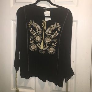 NWT Double zero black blouse W/ gold embroidery