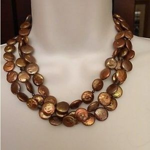 Silpada Bronze Coin Pearl SS 3 Strand Neckkace