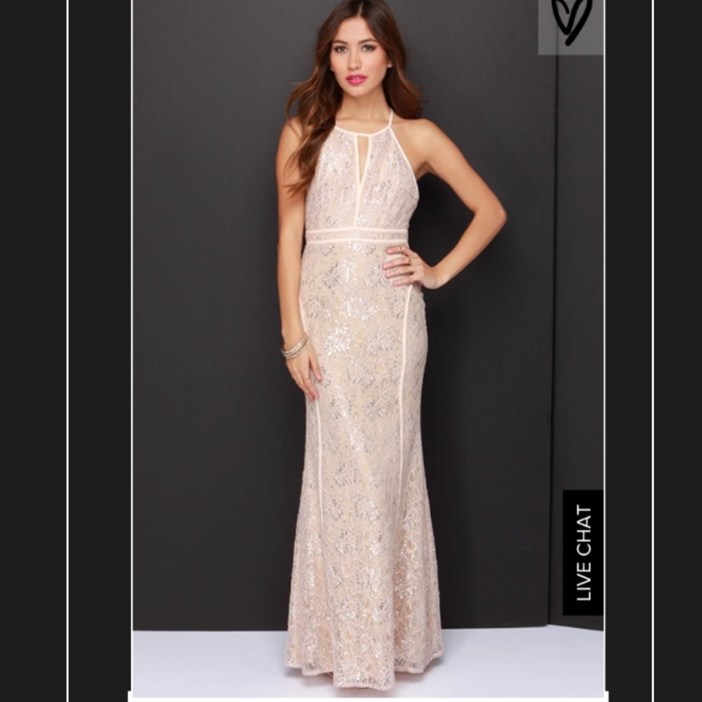 Lulu's DAZZLE ME PALE BLUSH LACE MAXI DRESS