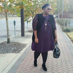 Purple textured swing dress with lace sleeves