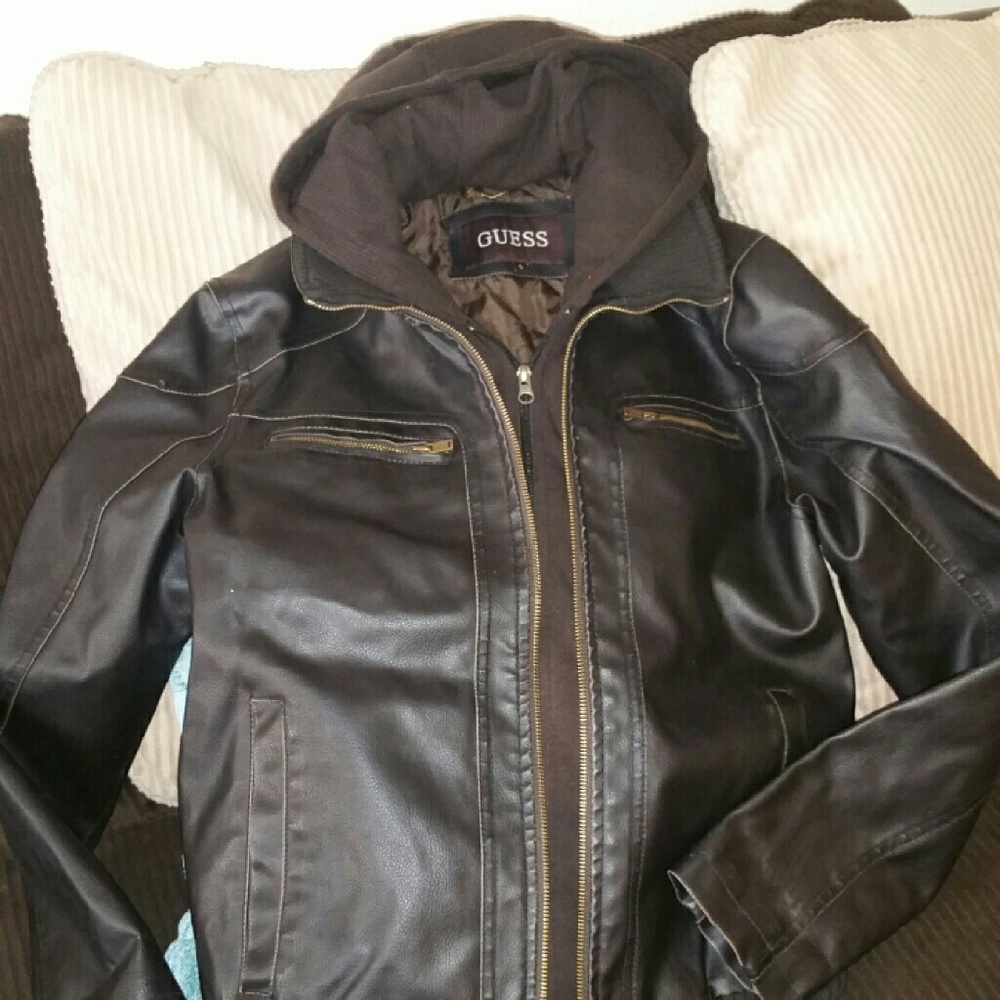 Guess leather jacket with hood/dark brown