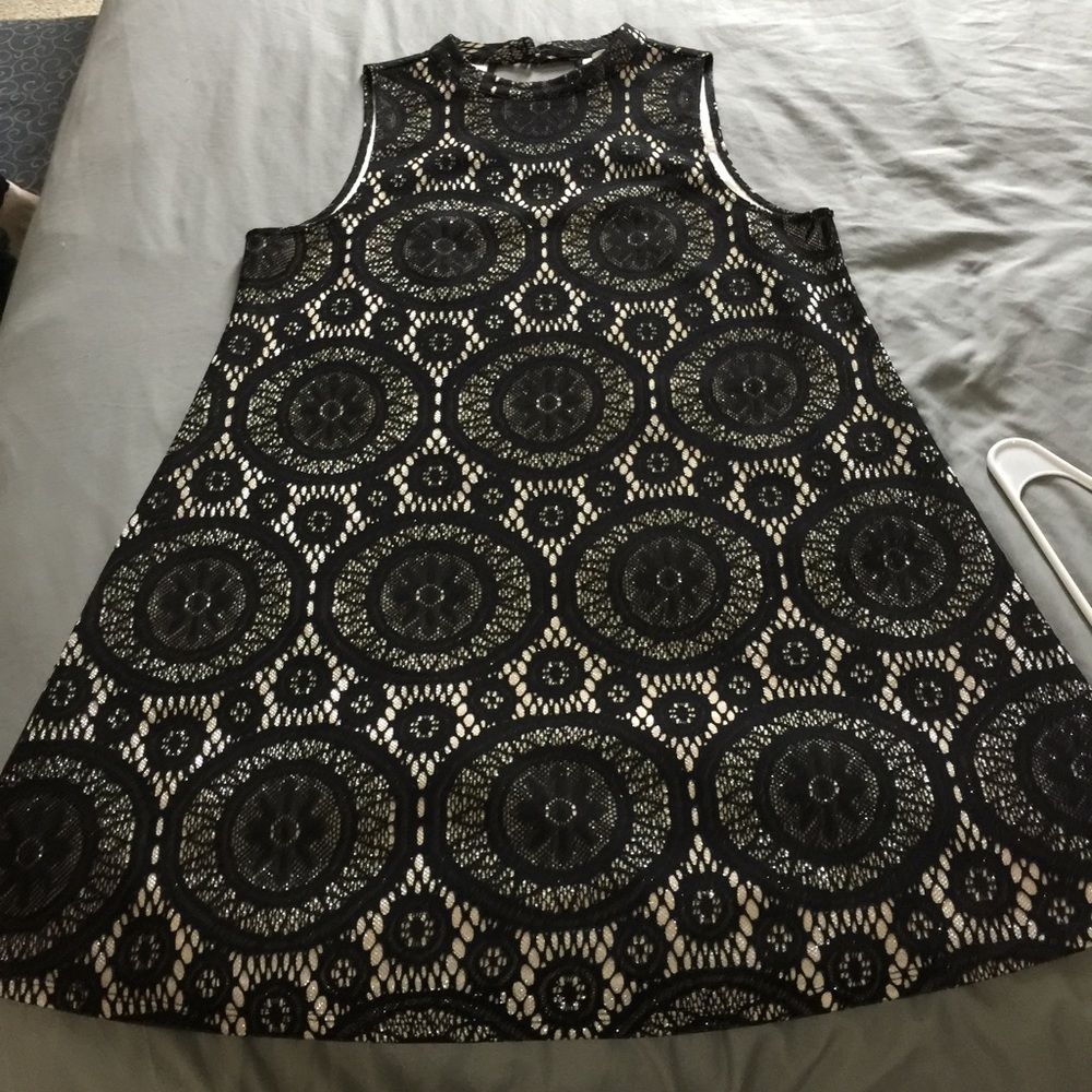 Black metallic lace cocktail dress mock turtleneck