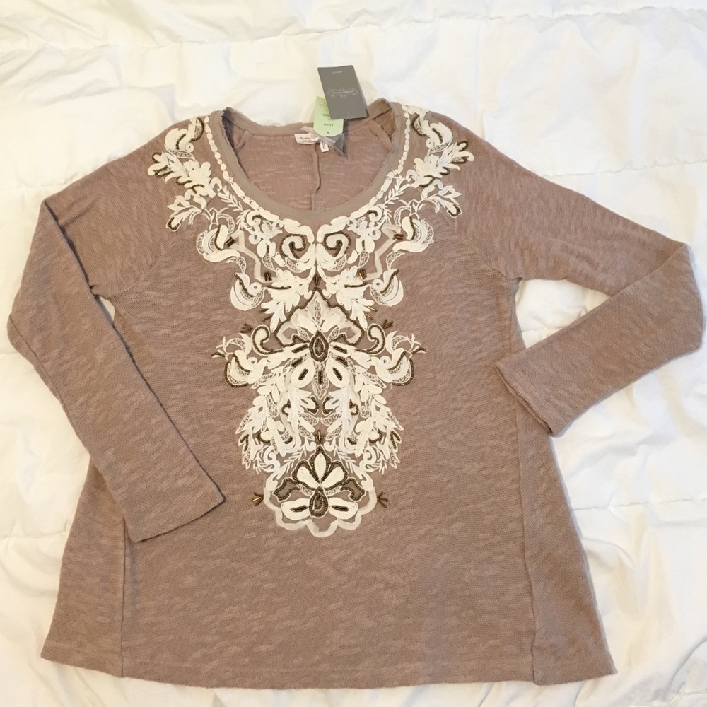 Meadow Rue Tan Soutache Lace Anthropologie Sweater
