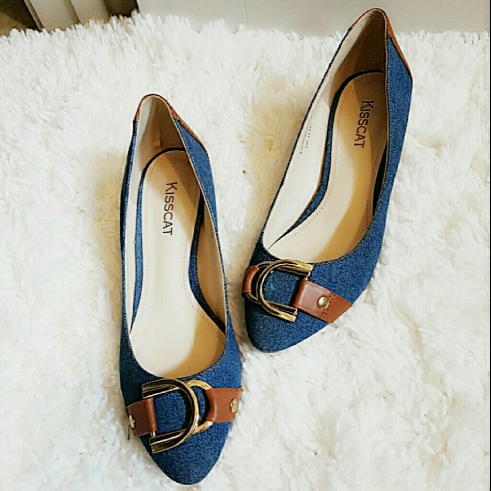 leather denim combo wedge shoes