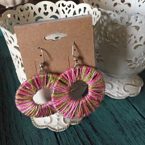 Hot pink, light pink, and green wrapped earrings