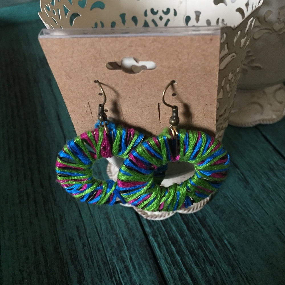 Blue, green, and fuchsia wrapped earrings