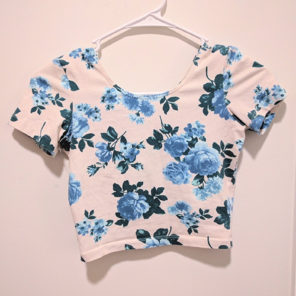 Cream Colored and Blue Floral Fitted Crop Top