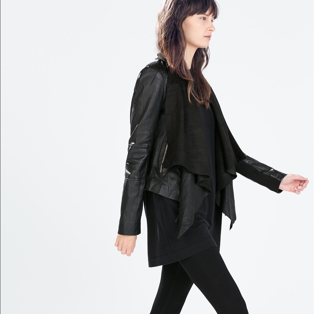 Zara leather jacket with pointed hem.