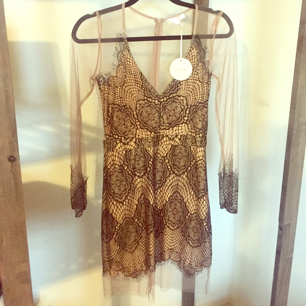 Sheer lace l/s mini dress