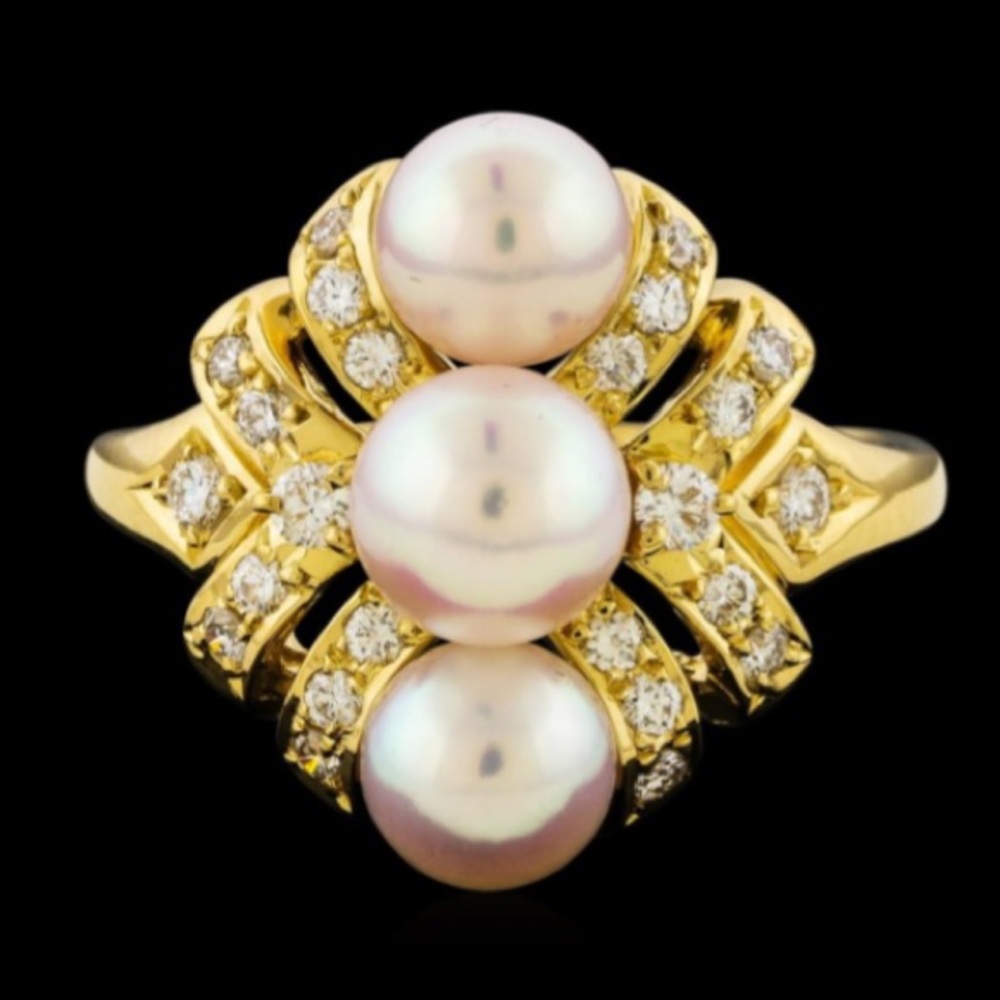 18K Art Deco, Gold Akoya Pearl & Diamond Ring