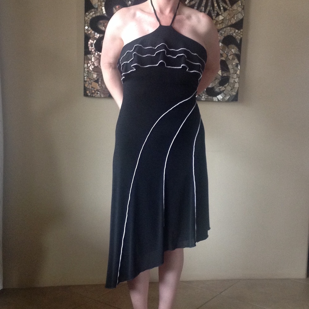 Black Ruffle halter dress with purple trim