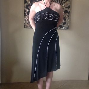 Black Ruffle halter dress with purple trim