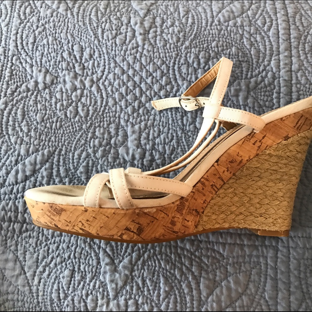 White strappy cork wedges.