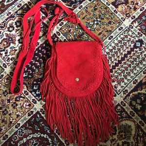 Red Suede Fringe Cross-Body Purse