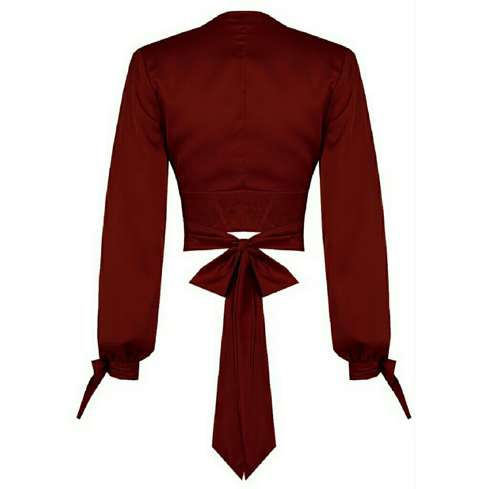 NWT Small LAST ONE wine bow wrap satin crop blouse - Picture 4 of 7