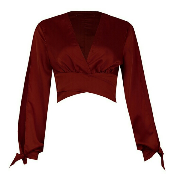 NWT Small LAST ONE wine bow wrap satin crop blouse - Picture 2 of 7