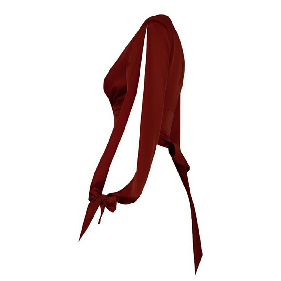 NWT Small LAST ONE wine bow wrap satin crop blouse - Picture 3 of 7