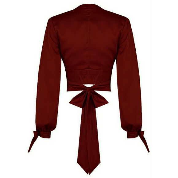 NWT Small LAST ONE wine bow wrap satin crop blouse - Picture 4 of 7