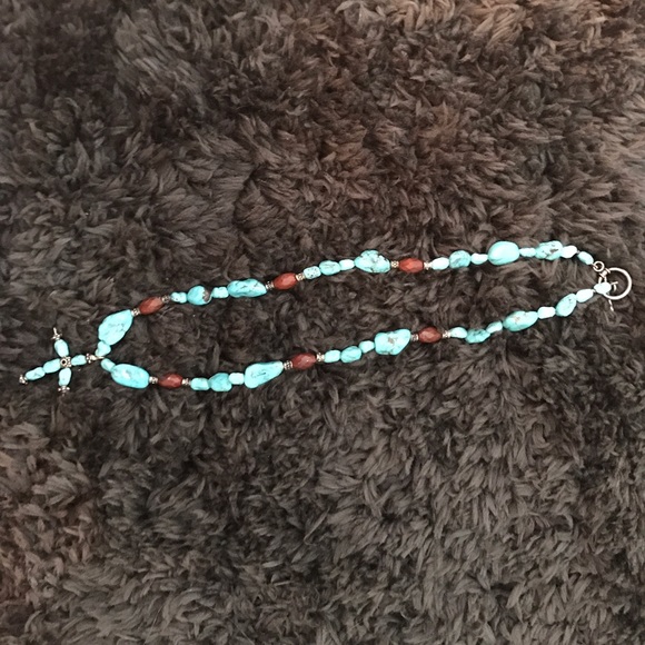 Turquoise and maroon/brown stone cross necklace - Picture 2 of 4